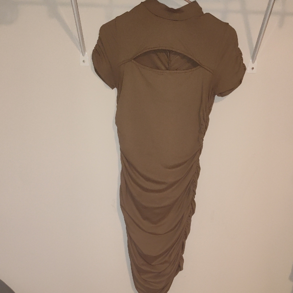 Fashion Nova Tan Ruched Bodycon Dress Mock Neck Cocktail